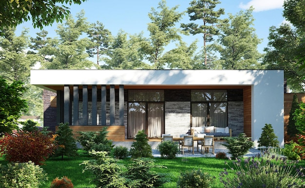 Casa in stile moderno. rendering 3D. Casa a un piano con tetto piano e finestre panoramiche. Unico