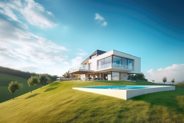 Casa in stile nordico moderno su una collina erbosa con piscina e bellissimo sfondo relax Generativo Ai