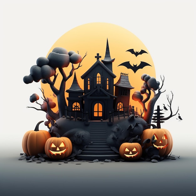 Casa infestata da streghe, zucche, pipistrelli, Halloween, vacanze, design, testa di zucca spaventosa, Generative Ai