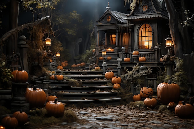 Casa infestata sul concetto di celebrazione di halloween Casa spettrale con edificio deserto e zucca