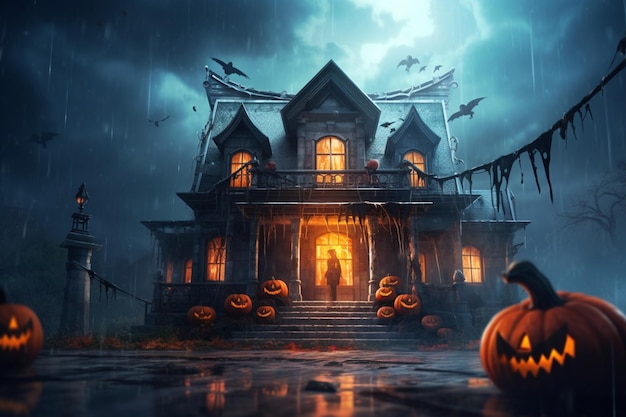 Casa infestata sul concetto di celebrazione di halloween Casa spettrale con edificio deserto e zucca