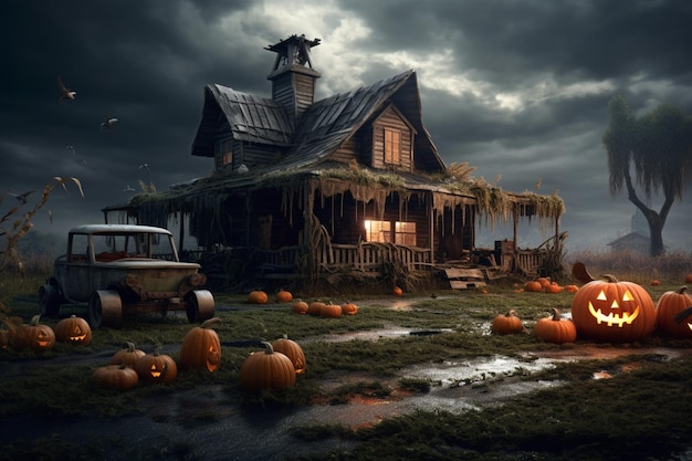 Casa infestata sul concetto di celebrazione di halloween Casa spettrale con edificio deserto e zucca