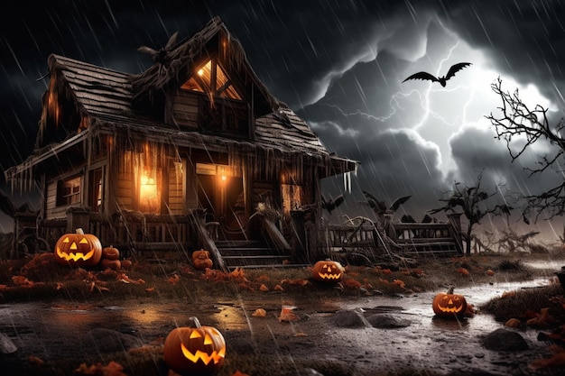 Casa infestata sul concetto di celebrazione di halloween Casa spettrale con edificio deserto e zucca