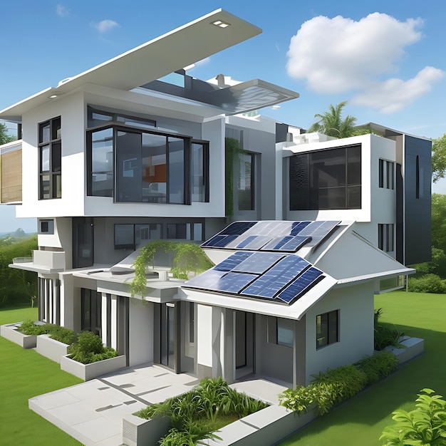 Casa intelligente generica futuristica con sistema di pannelli solari sul tetto AI generativa