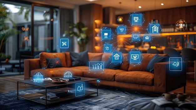 Casa intelligente tecnologica con dispositivi connessi e icone digitali Casa luminosa con simbolismo