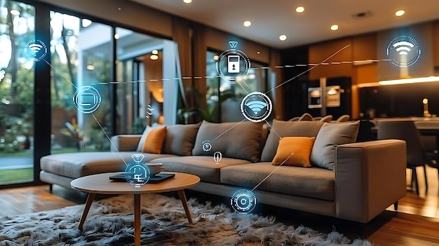 Casa intelligente tecnologica con dispositivi connessi e icone digitali Casa luminosa con simbolismo