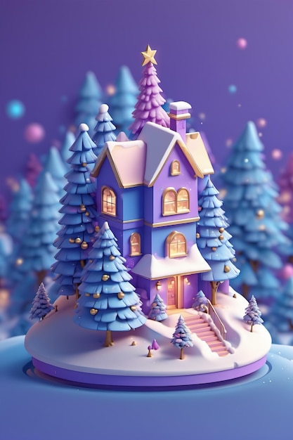 Casa isometrica 3D con un albero di Natale in cima