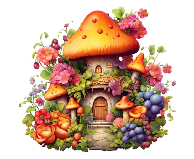 Casa magica e fiori e funghi favolosi su uno sfondo bianco Focalizzazione morbida selettiva