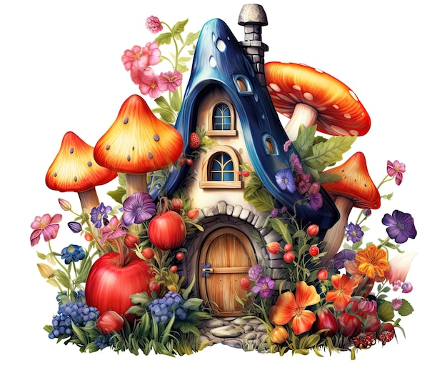 Casa magica e fiori e funghi favolosi su uno sfondo bianco