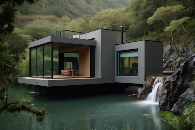 Casa minimalista con vista sul tranquillo lago o cascata creata con l'IA generativa