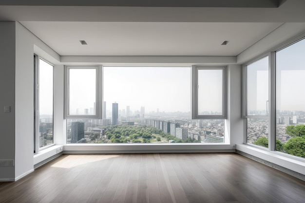 Casa minimalista con vista sul vivace paesaggio urbano fuori dalle finestre