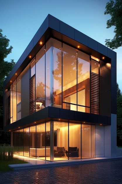 Casa minimalista moderna con grandi finestre di vetro create con ai generativi