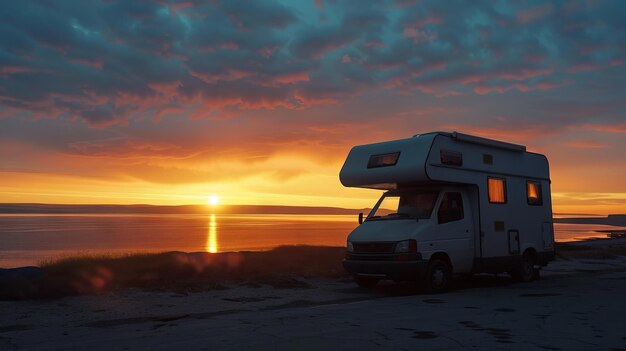 Casa mobile parcheggiata sulla riva del lago Viaggio di vacanza in famiglia Furgone al tramonto vicino al fiume