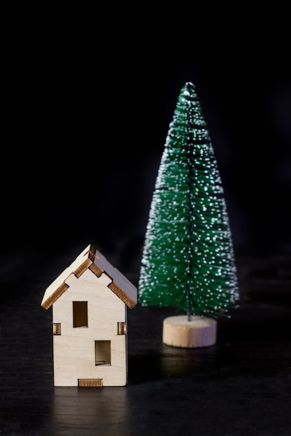 Casa modello in legno decorativo con un albero di Natale su sfondo nero.
