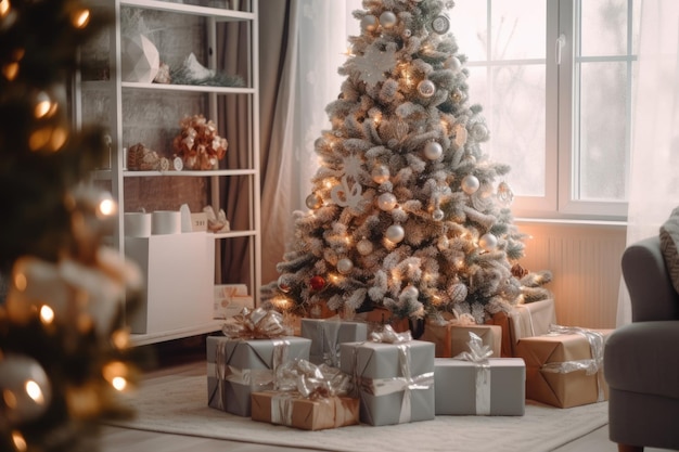 Casa moderna albero di Natale regali presenta immagine concettuale buone vacanze Capodanno