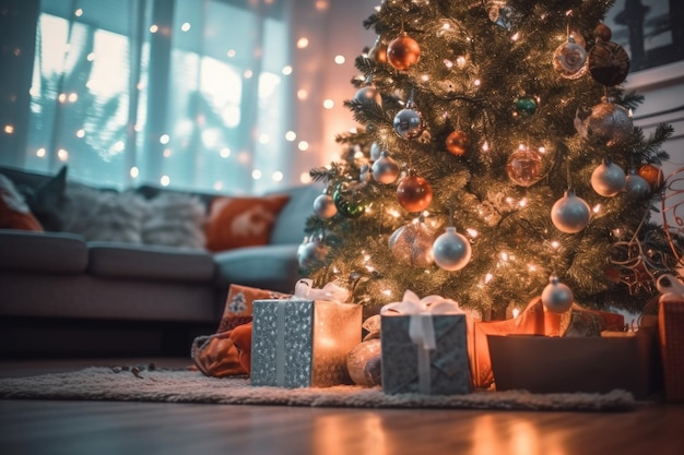 Casa moderna albero di Natale regali presenta immagine concettuale buone vacanze Capodanno