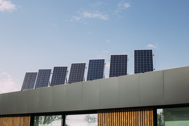 Casa moderna con celle solari fotovoltaiche sul tetto per la produzione di energia alternativa