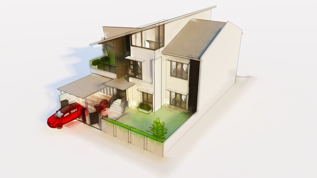 Casa moderna con garage su sfondo bianco. rendering 3D.