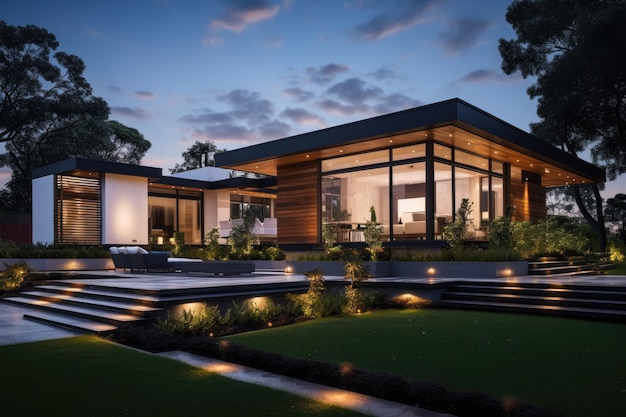 Casa moderna con giardino e eleganti luci esterne viste dall'esterno