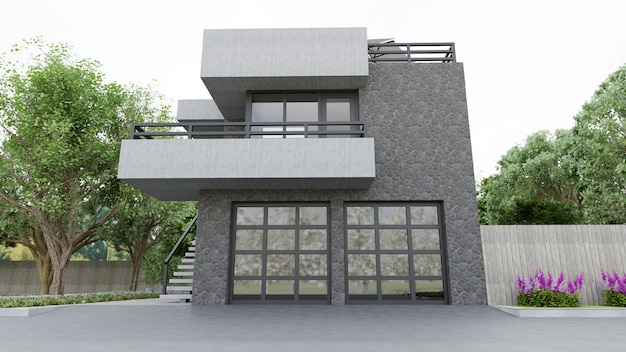 Casa moderna con giardino e garage. rendering 3D.