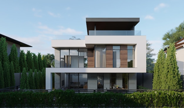 Casa moderna con giardino pensile. Visualizzazione 3D. Casa su un piccolo lotto. Architettura unica.