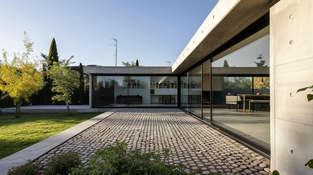 casa moderna con grande muro di cemento e finestra cortile posteriore con pietra acciottolata Generative Ai