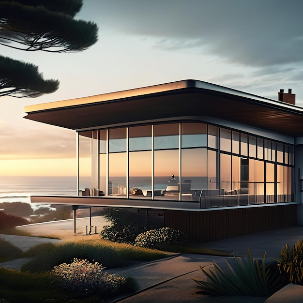 Casa moderna con l'oceano sullo sfondo e il tramonto AI generativa