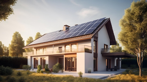 Casa moderna con pannelli solari fotovoltaici sul tetto Stile di rendering 3D del concetto di casa ecologica Ai generativo