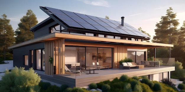 Casa moderna con pannelli solari fotovoltaici sul tetto Stile di rendering 3D del concetto di casa ecologica Ai generativo