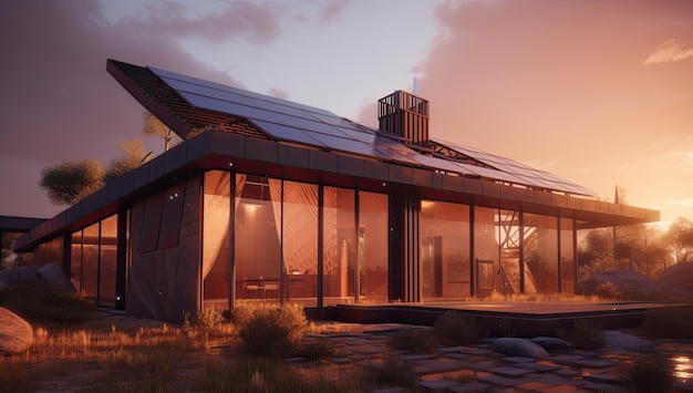 Casa moderna con pannelli solari sul tetto Energia sostenibile e pulita a casa IA generativa