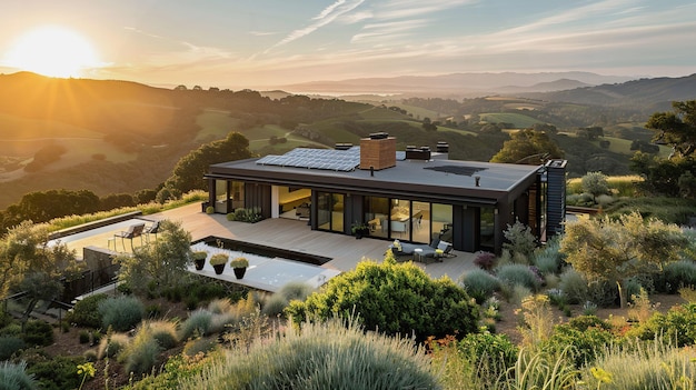 Casa moderna con pannelli solari sul tetto, piscina e colline al tramonto