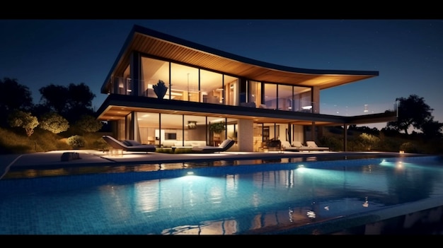 Casa moderna con piscina di notte vista dell'illuminazione IA generativa