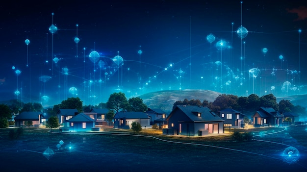 Casa moderna con rete virtuale di pannelli satellitari AI generativa