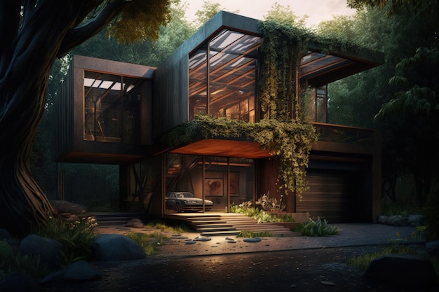 Casa moderna con struttura metallica in cemento apparente, legno e vegetazione AI