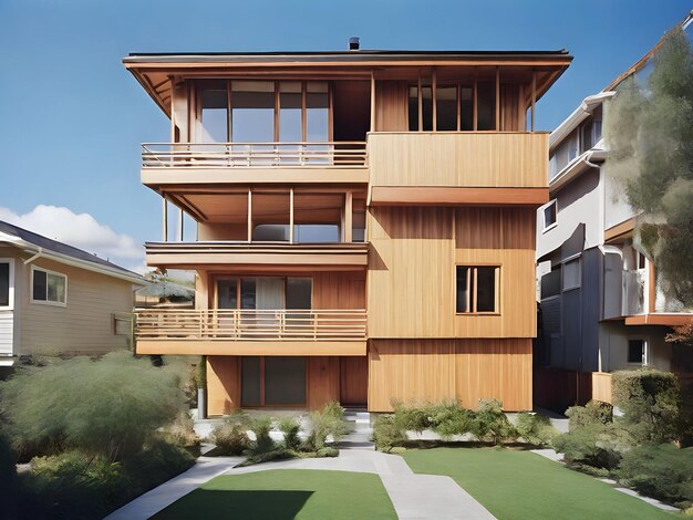 Casa moderna con terrazza e giardino 3d render illustration