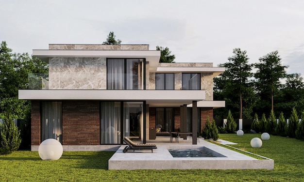 Casa moderna con terrazza e piscina. visualizzazione 3D. Casa in stile moderno. Archite unico