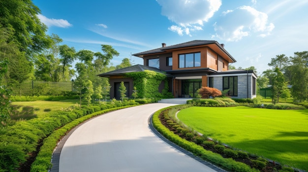 Casa moderna con un bellissimo paesaggio e un cielo blu