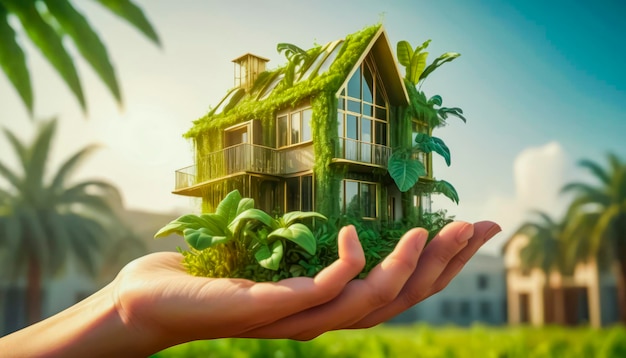 Casa moderna eco-friendly in mani femminili concetto di ecologia e protezione dell'ambiente