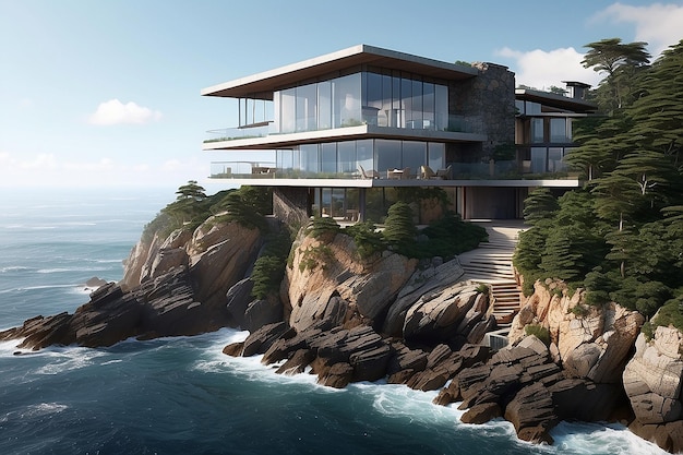 Casa moderna in cima a un'alta scogliera rocciosa il disegno architettonico e le onde dell'oceano si scontrano contro di essa