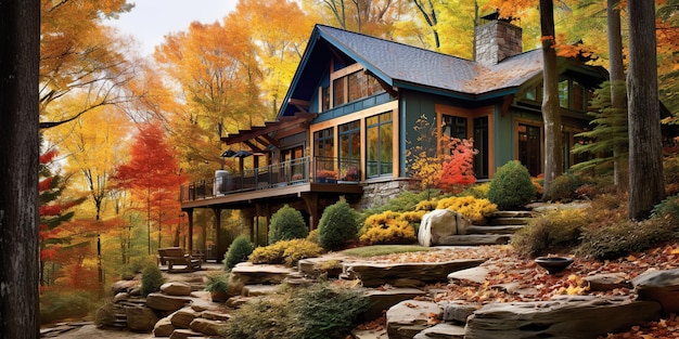 Casa moderna rurale di Rustoc, cabina d'albergo in montagna in autunno, sfondo naturale