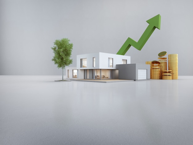 Casa moderna sul pavimento bianco con il muro di cemento vuoto nel concetto di investimento immobiliare o di vendita.