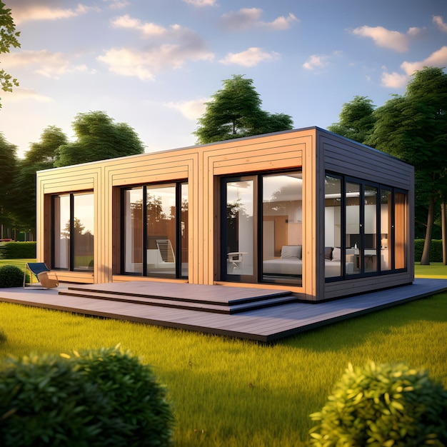 Casa modulare a telaio in legno con finestre panoramiche a tetto piatto e porte doppie