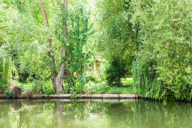 Casa nascosta tra alberi e fiori di vegetazione sul bordo di un canale in estate.