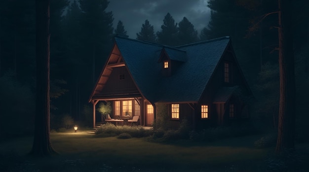 Casa nel bosco accogliente di notte AI Generative