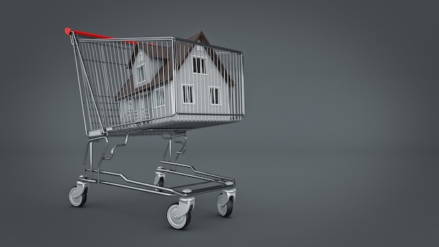 casa nel concetto di carrello della spesa 3D rendering