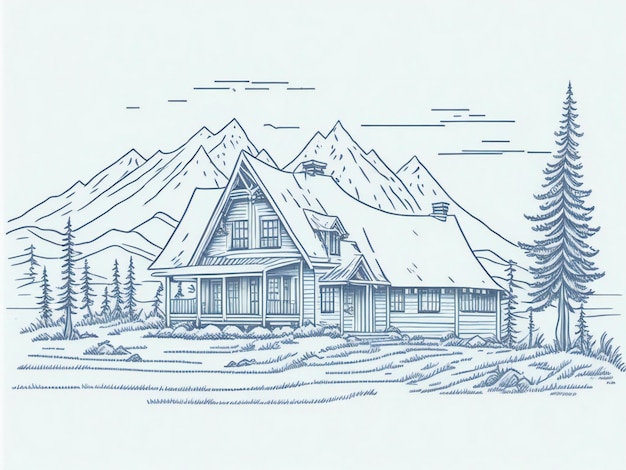 casa nell'illustrazione di schizzo disegnato a mano del paesaggio della montagna