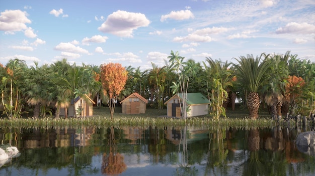 casa nella giungla sulla riva del fiume illustrazione 3D rendering cg