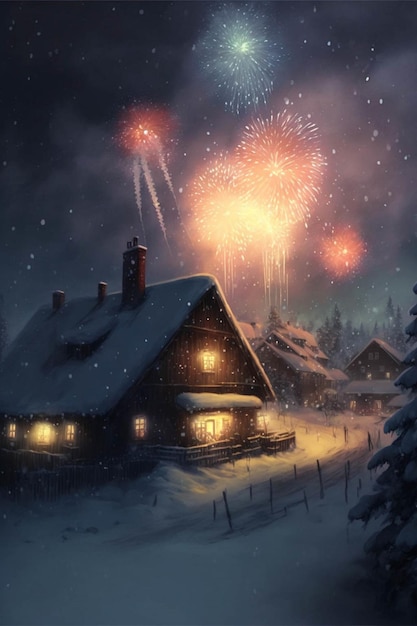 Casa nella neve con fuochi d'artificio nel cielo generativo ai