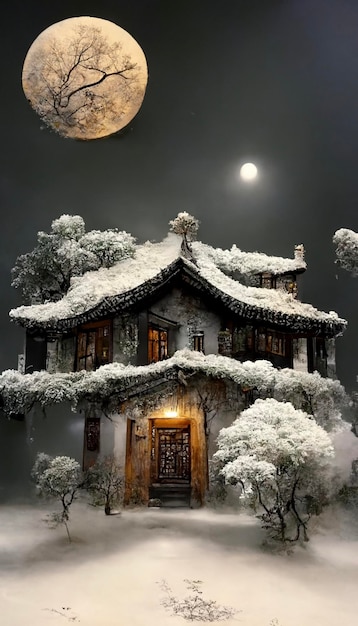 Casa nella neve con una luna piena sullo sfondo ai generativa