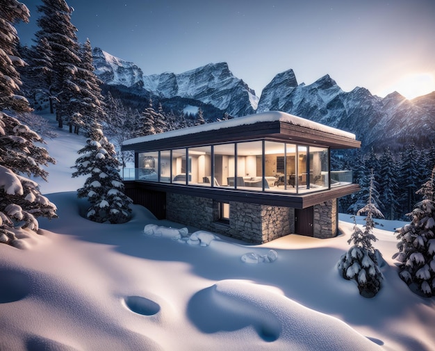 casa nella neve in inverno bellissimo paesaggio invernale con alberi innevati